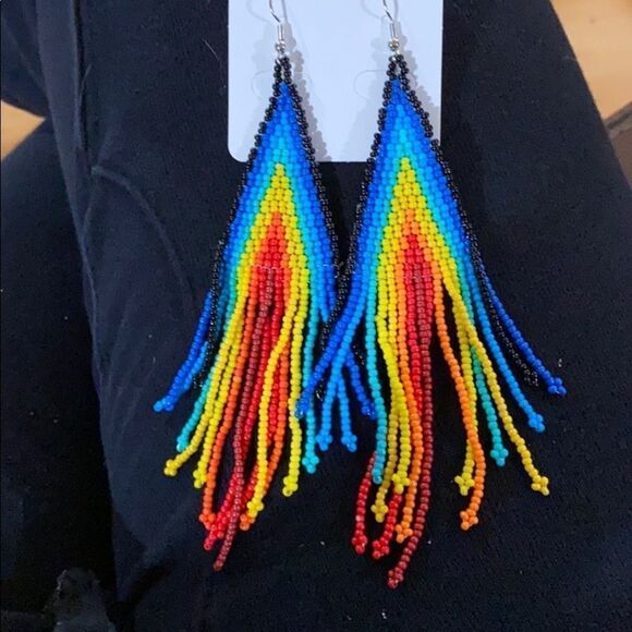 New Free People Beaded Ombré Rainbow Drop Dangle Boho Earrings - Picture 2 of 4